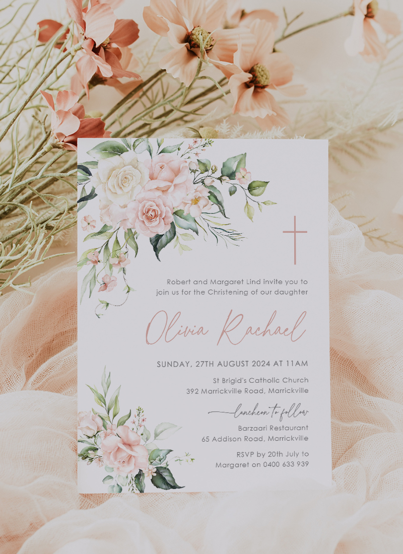 Beautiful blush pink floral baptism or christening invitation for little girl