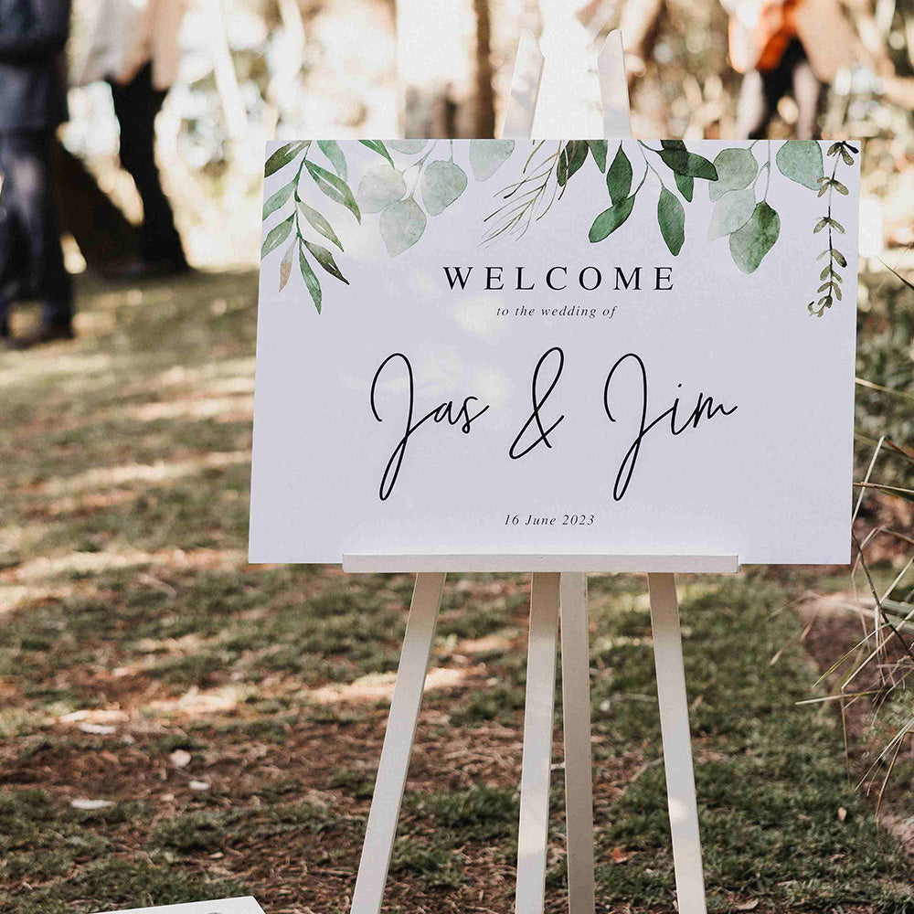 Modern wedding welcome sign with greenery Australia