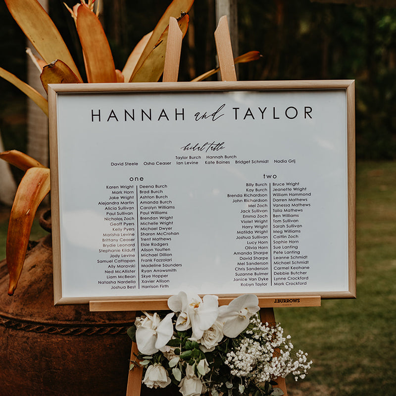 Minimal wedding seating chart in banquet format 