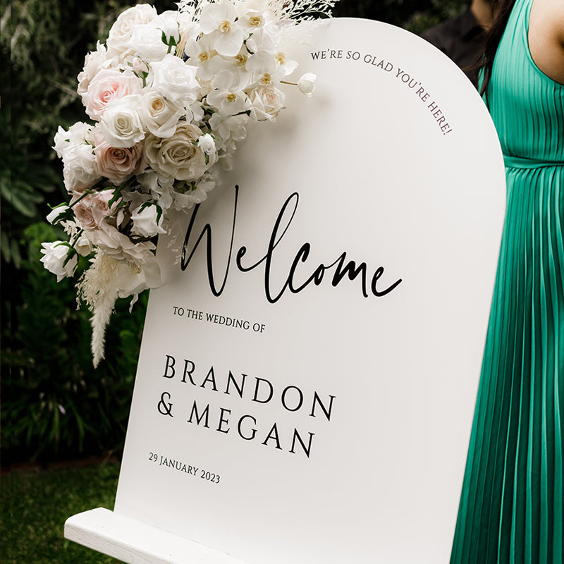 Modern wedding arch welcome sign Australia with we are so glad you're here 