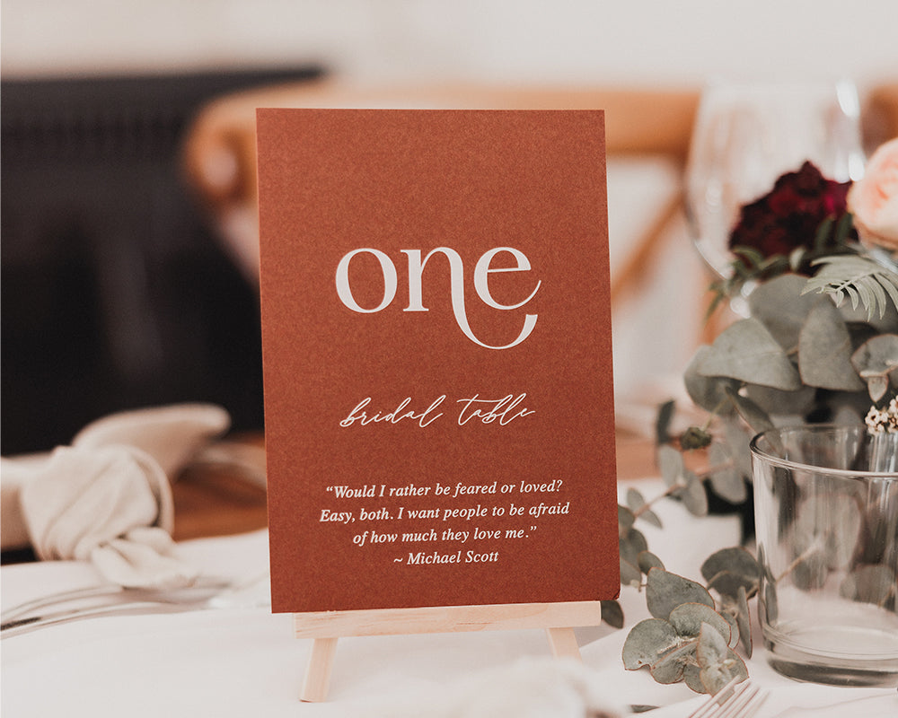 coloured cardstock wedding table numbers with white ink printing and personalised message from bride and groom