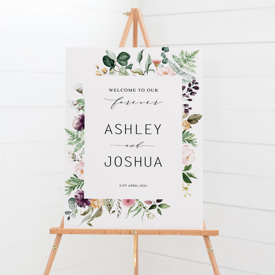 Wedding welcome sign with Australian Native watercolour flowers. Peach Perfect Wedding Stationery.