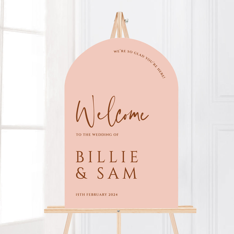 modern arch shape wedding welcome sign in blush pink and cinnamon terracotta colours. Designed and printed in Australia.