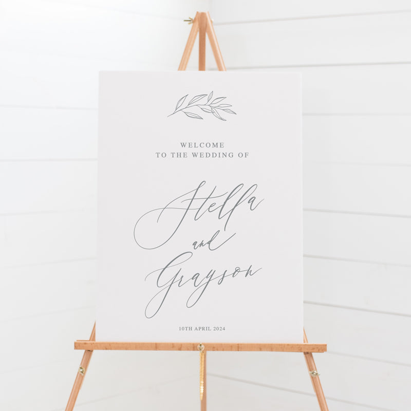 Calligraphy wedding welcome sign in white and neutral grey. Designed and printed in Australia.