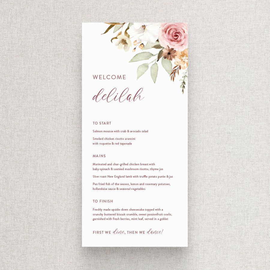 Floral boho wedding menu with calligraphy font and first we dine then we dance heading. Peach Perfect Australia. 