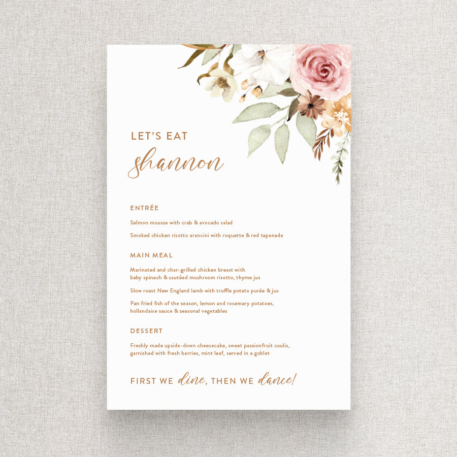 Floral boho wedding menu with calligraphy font and first we dine then we dance heading. Peach Perfect Australia.