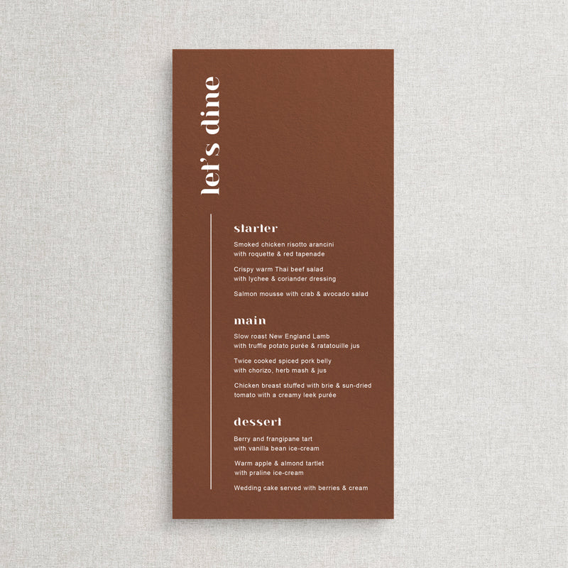 Modern wedding menu with block font. White ink printing on Harvest or Terracotta card. Designed and printed in Australia.