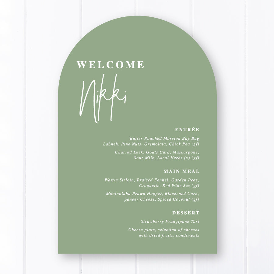 Arch wedding menu, modern font styles with guest name printing on green card. Printed in Australia by Peach Perfect Stationery.