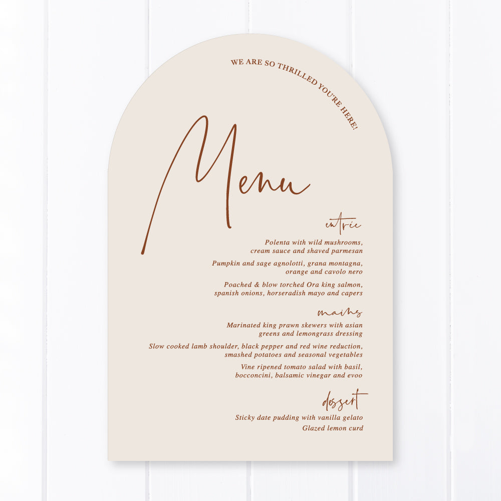 Arch wedding menu, designed and printed in Australia on almond Cardstock terracotta ink by Peach Perfect Stationery