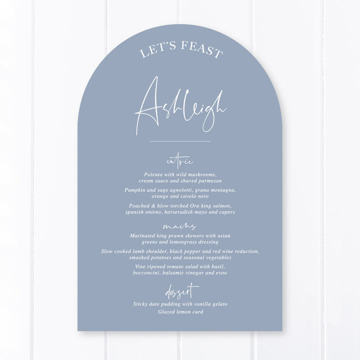 Arch wedding menu, designed and printed in Australia on blue Card stock white ink by Peach Perfect Stationery. Includes guest name printing.