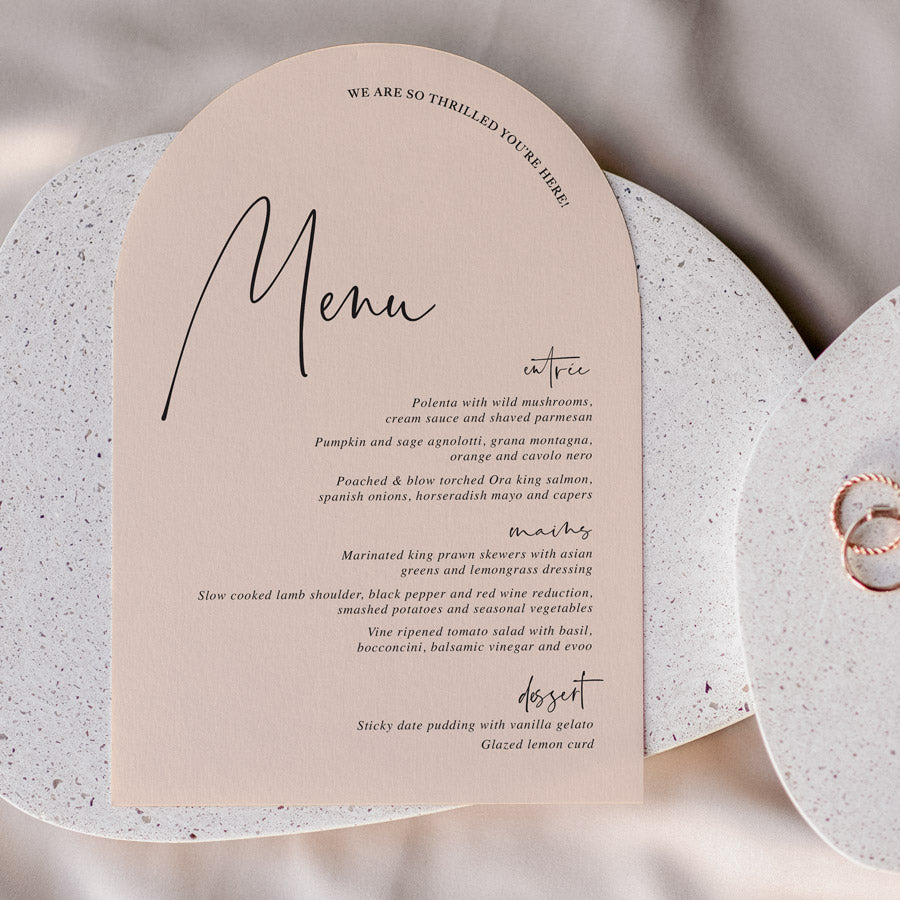 Arch wedding menu, designed and printed in Australia on baby pink or nude Cardstock by Peach Perfect Stationery