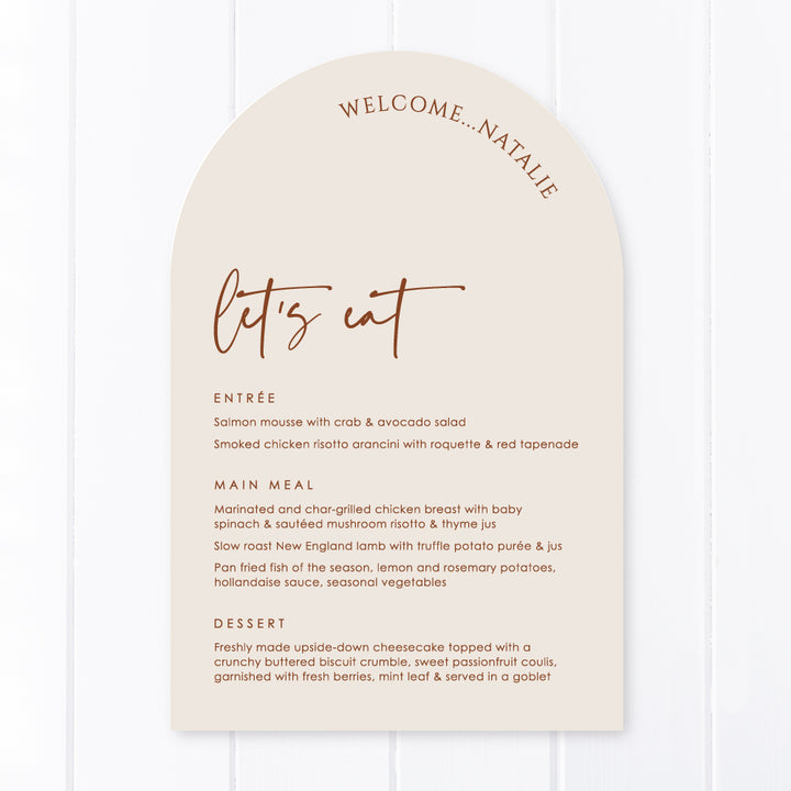 Modern arch wedding menu designed and printed in Australia. Includes guest name printing. Peach Perfect. Almond card with harvest terracotta text.