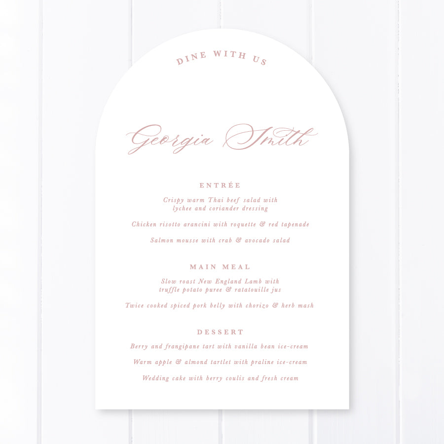Formal arch wedding menu design with guest names printing in Arch die cut shape. Soft pink colours and traditional calligraphy. Peach Perfect Stationery Australia.