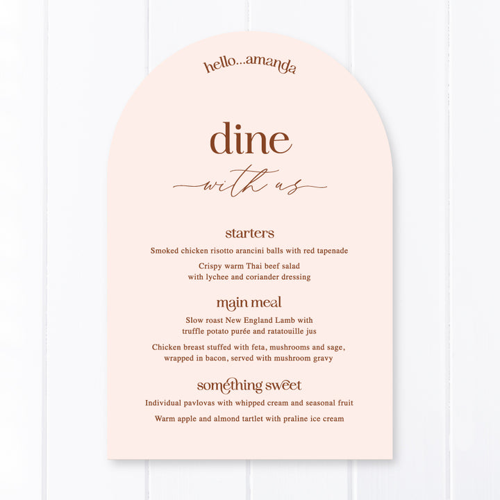 Modern arch wedding menu on nude baby pink cardstock with harvest text and guest name printing. Peach Perfect Australia.