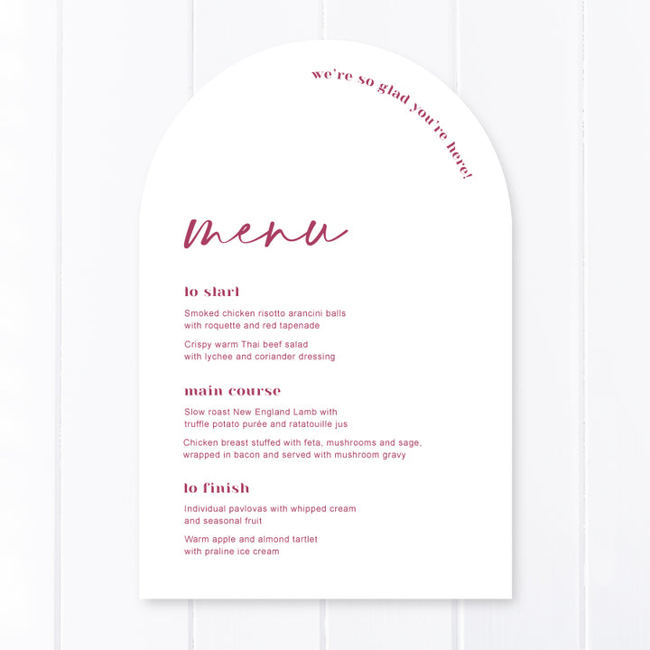 Modern arch wedding menu printed in Australia on white card with hot pink writing. Peach Perfect Stationery.
