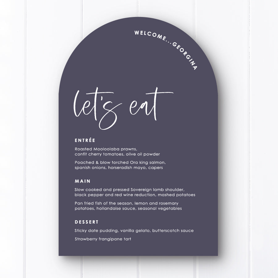 Modern bold purple arch shape wedding menu or baptism menu. Printed in Australia with guest name printing. Peach Perfect.