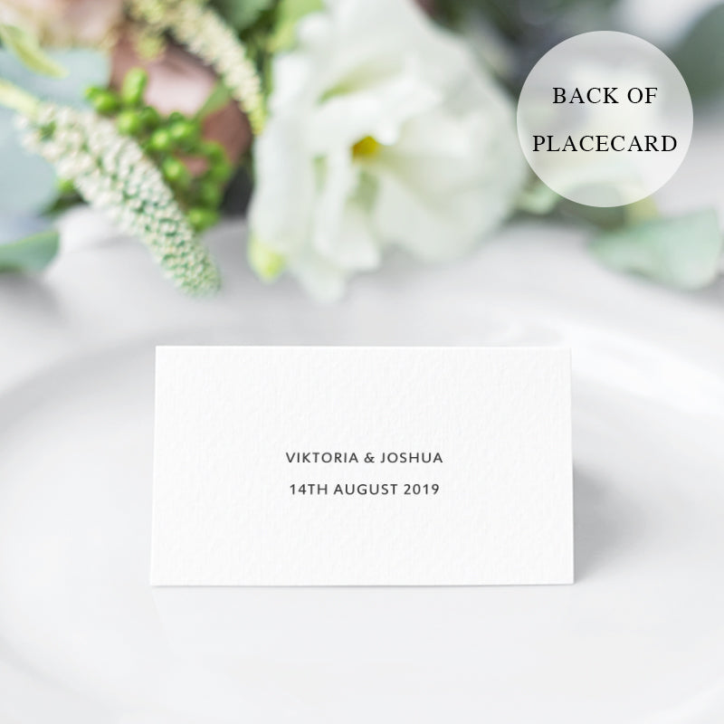 Minimal wedding place cards with charcoal grey calligraphy font for your guest name. Traditional folding tent name cards.
