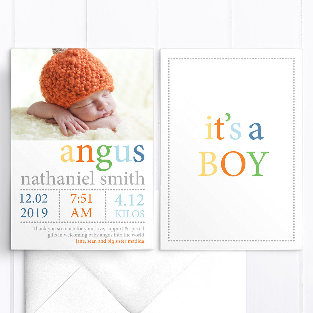 Baby boy birth announcement card with photo in bright bold colours, printed in Australia or printable digital file.