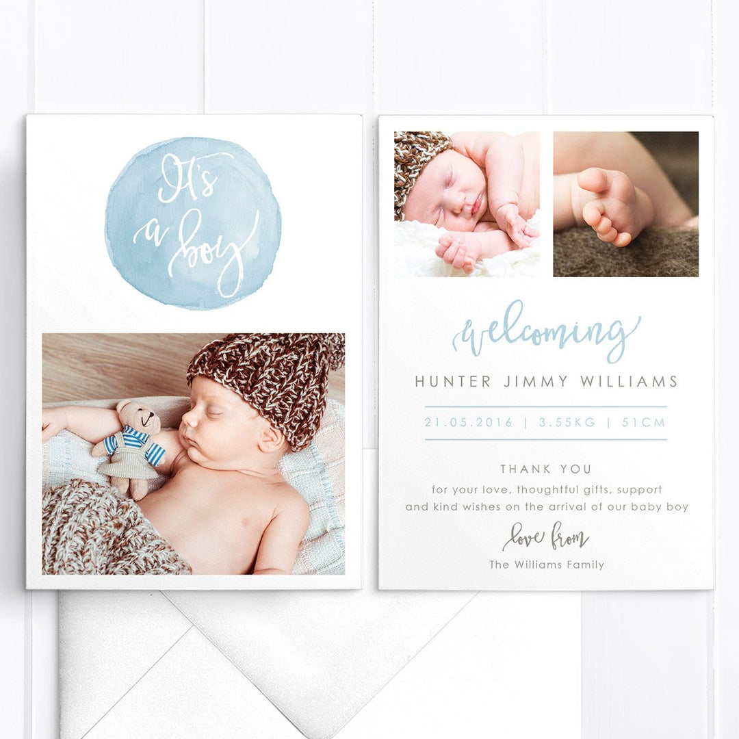 Multiple photo birth announcement card, double sided, blue and brown