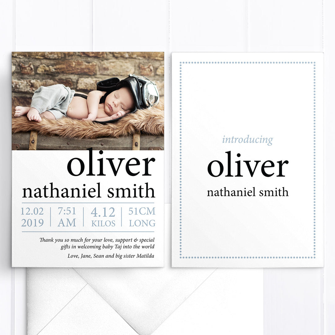 Modern photo boy baby thank you card, bold name, double side