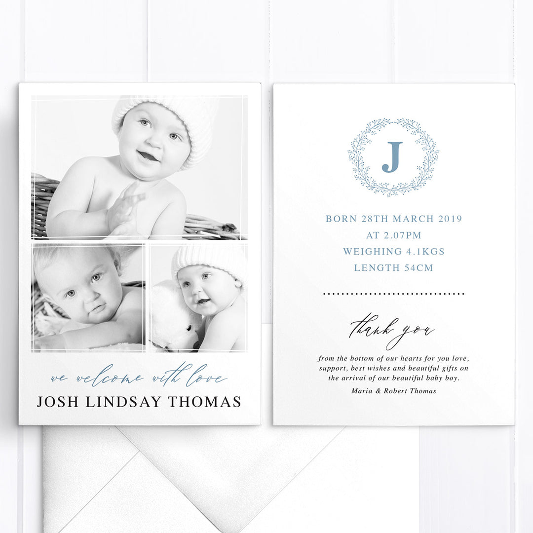 Baby boy birth announcement card, 3 photos, monogram, double sided