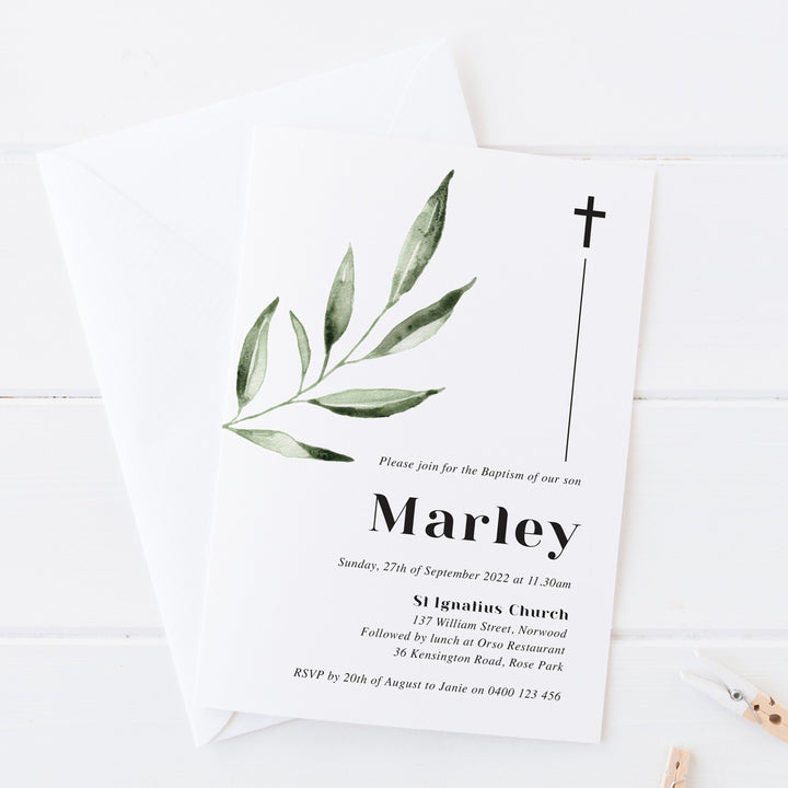 Modern Boy Christening, Baptism or Religious Celebration invitation with green olive leaf and bold typography for name. Designed in Australia. Printed or Budget printable invitations.