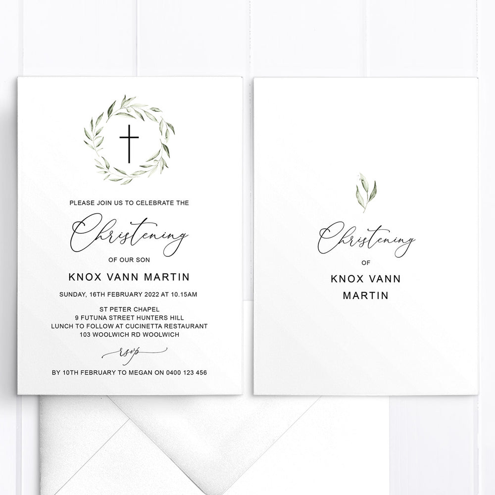 Minimal boy baptism or Christening invitation with greenery wreath and calligraphy font, double sided invitations Australia.