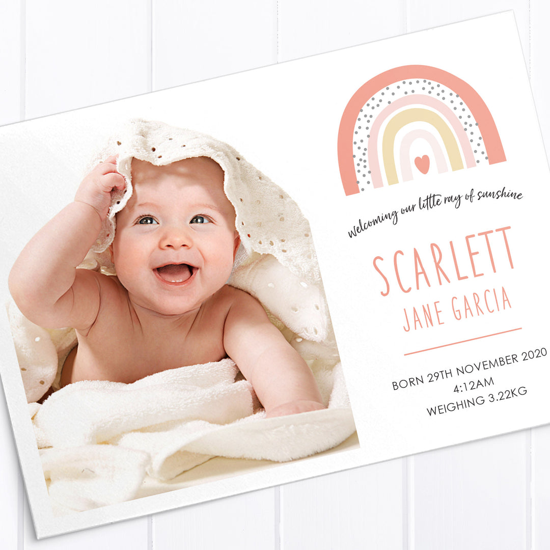 Cute baby girl photo birth announcement card designed single or double sided featuring pink multicolour boho rainbow