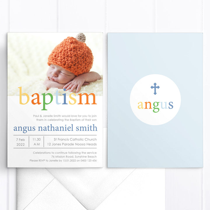 Boy Baptism or Christening invitation with photo and decorative cross. Designed and printed in Australia, or printable DIY Baptism invitation.