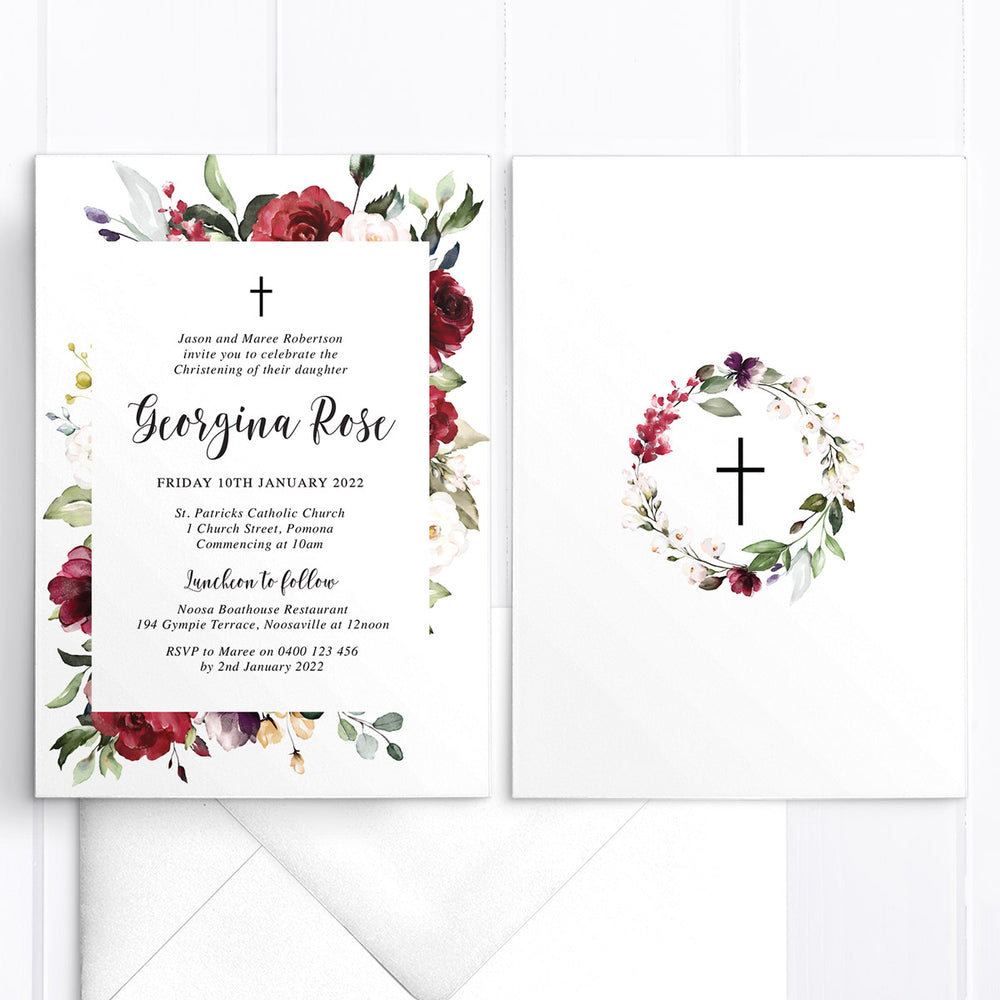 Christening or Baptism invitation, designed and printed double sided, red and burgundy florals and catholic cross with calligraphy and floral wreath on the back
