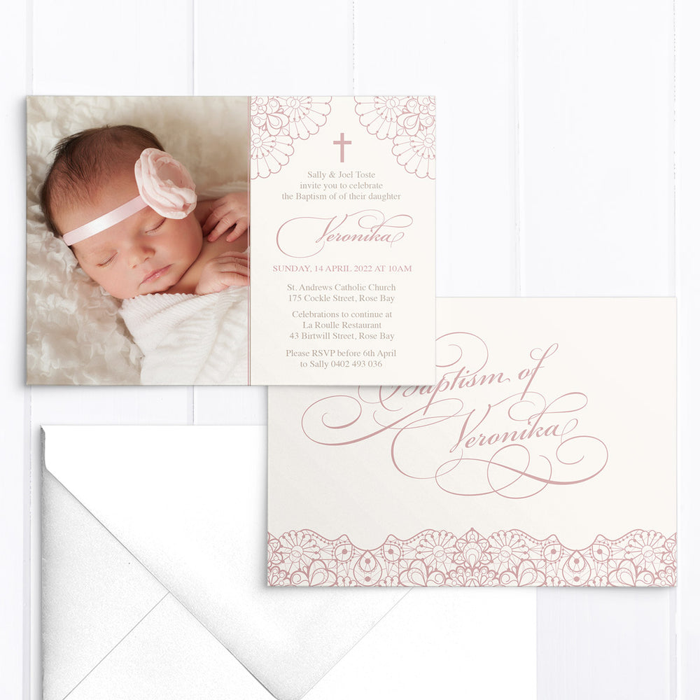 Girl Christening or Baptism photo invitation with lace border in cream and dusty pink, and traditional calligraphy font. Designed and printed in Australia