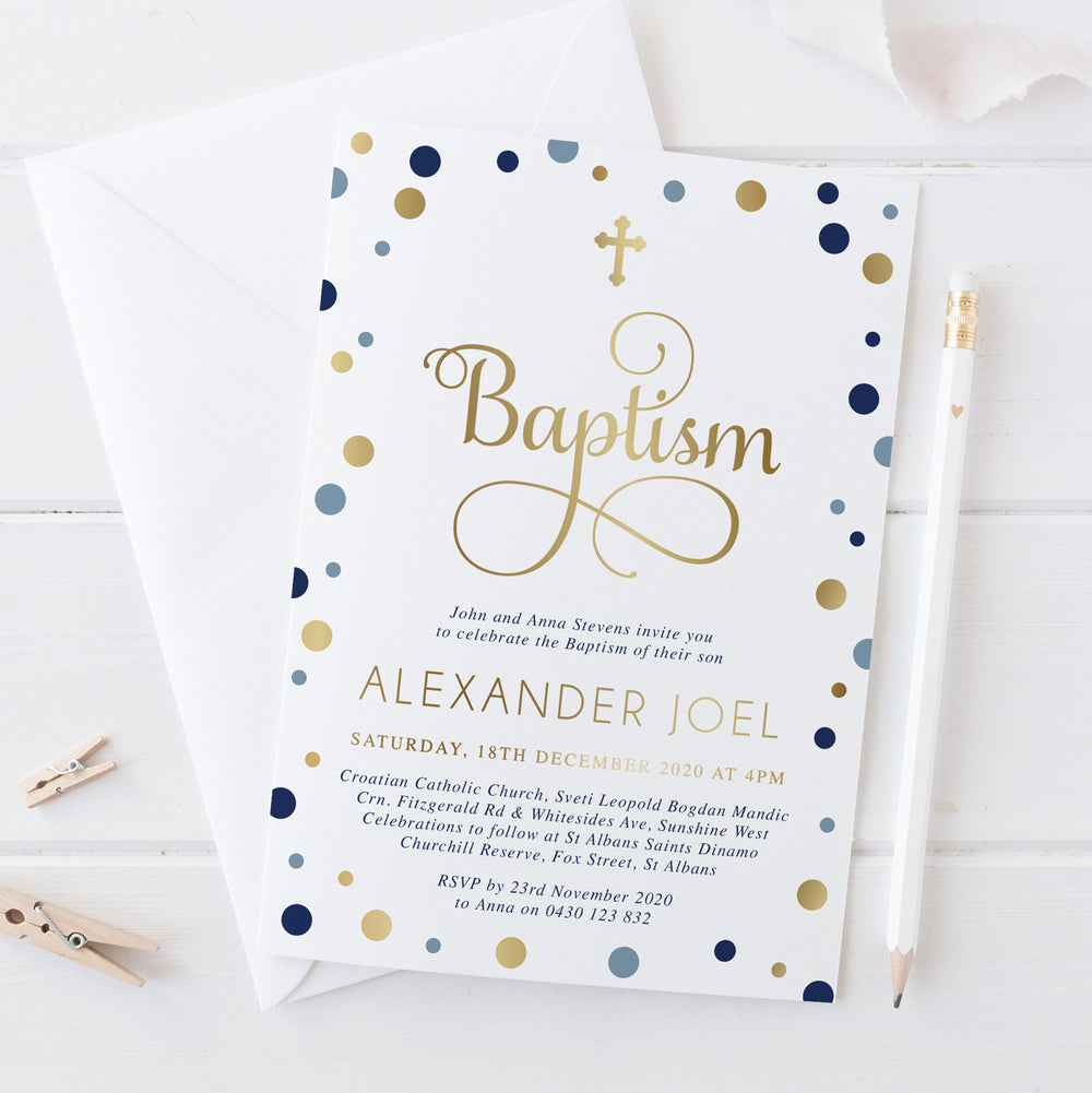 Beautiful gold foil baptism invitation with blue and navy coloured spots, printed in Australia.
