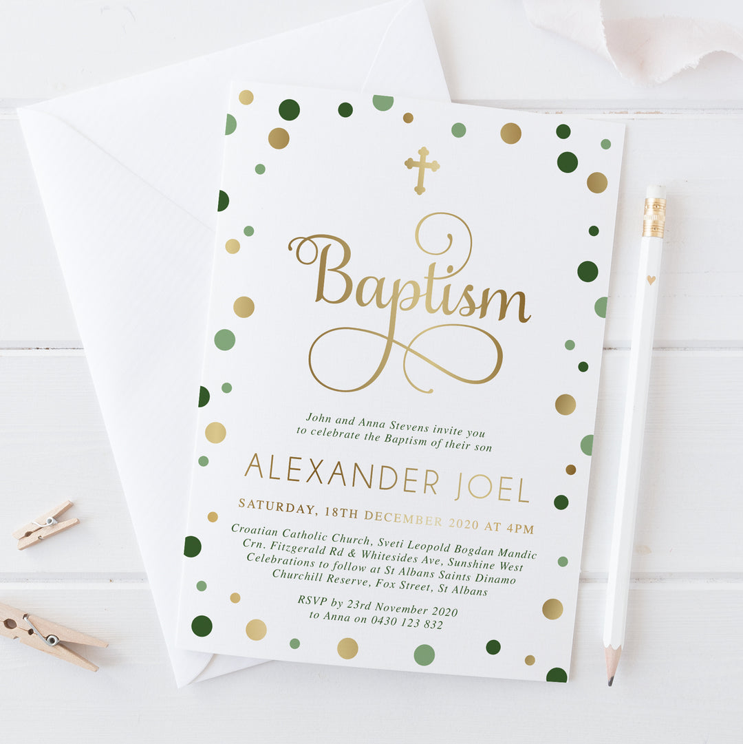 Beautiful gold foil baptism invitation with natural green coloured spots, printed in Australia.