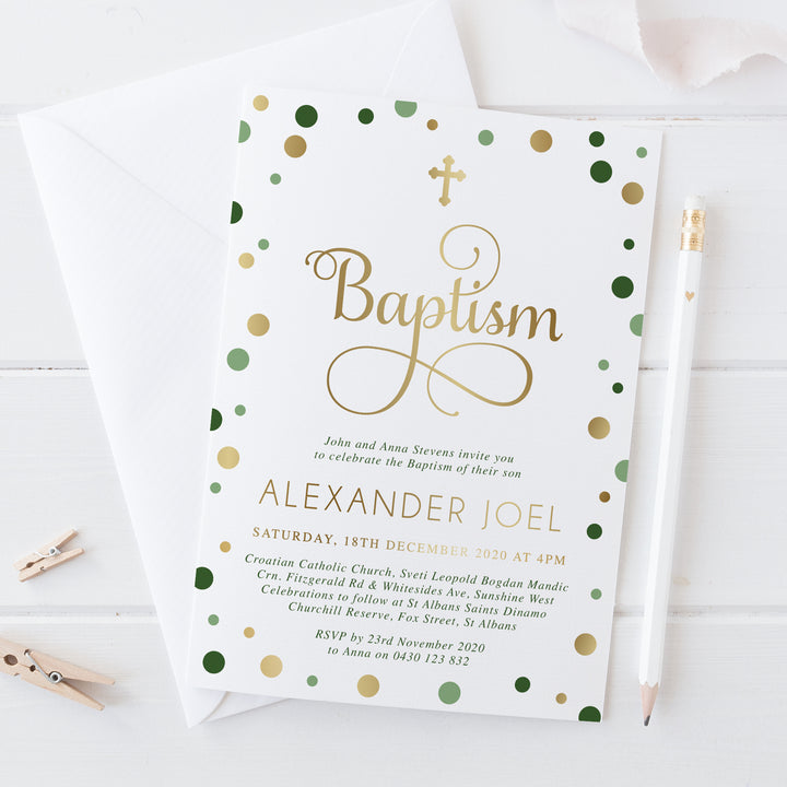 Beautiful gold foil baptism invitation with natural green coloured spots, printed in Australia.