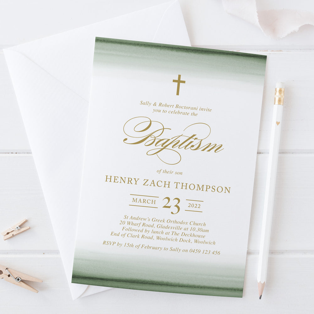 Baptism invitation with green watercolour wash and gold text in traditional style with calligraphy fonts, Australia