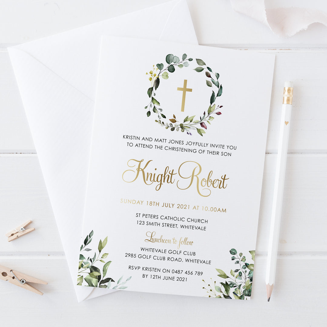 Gold foil Christening or Baptism invitation with greenery and wreath, catholic cross and modern script font, Professionally printed in Australia