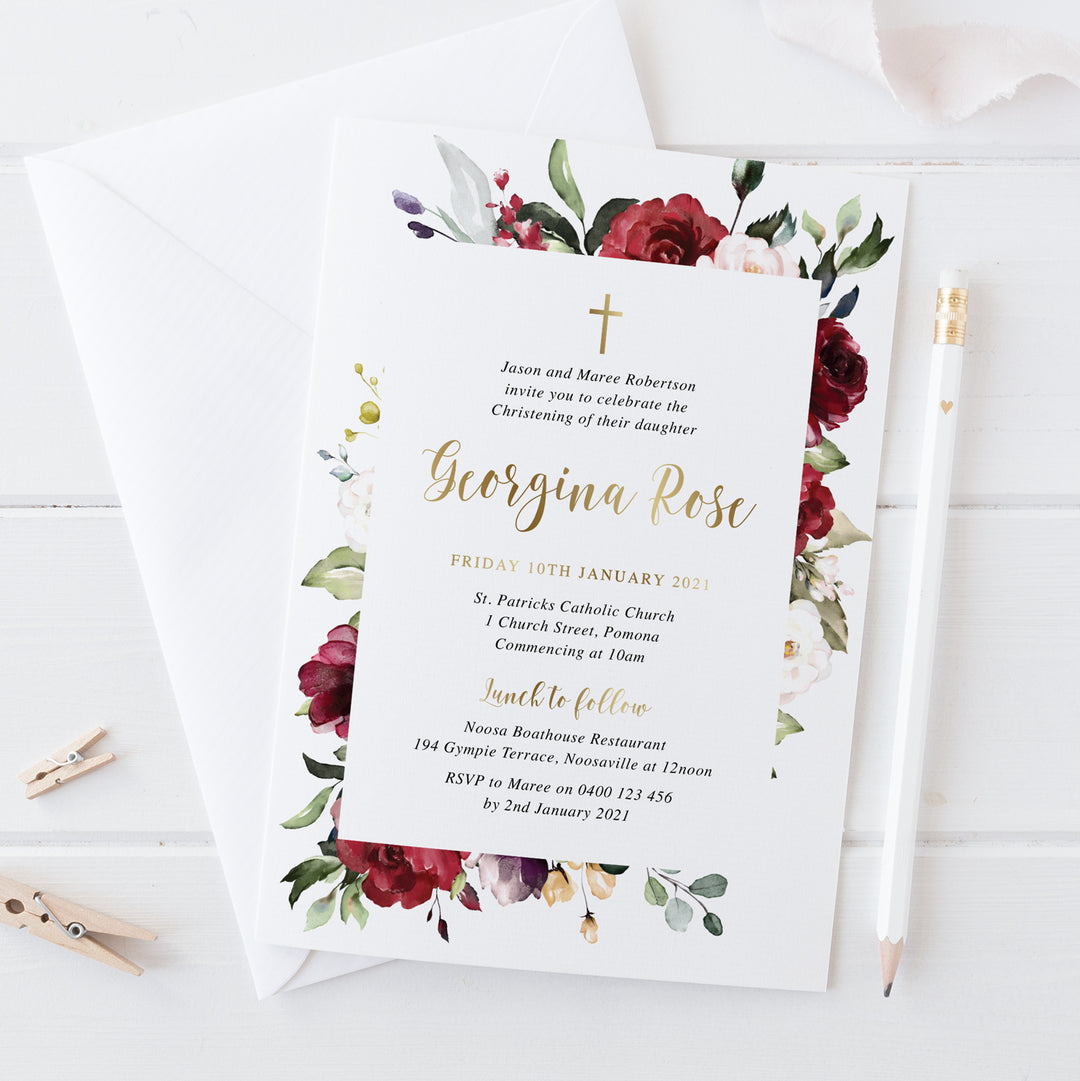 Girl Christening and Baptism Invitations with real gold foil and florals