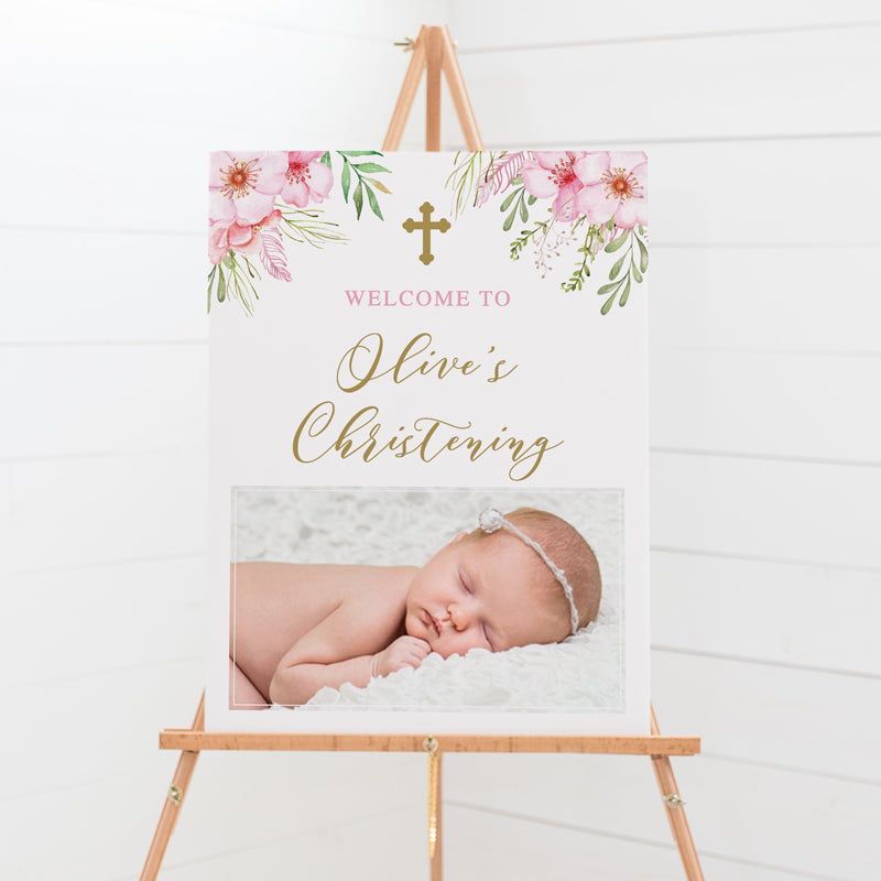 Baptism welcome sign with photo of your daughter and pink flowers