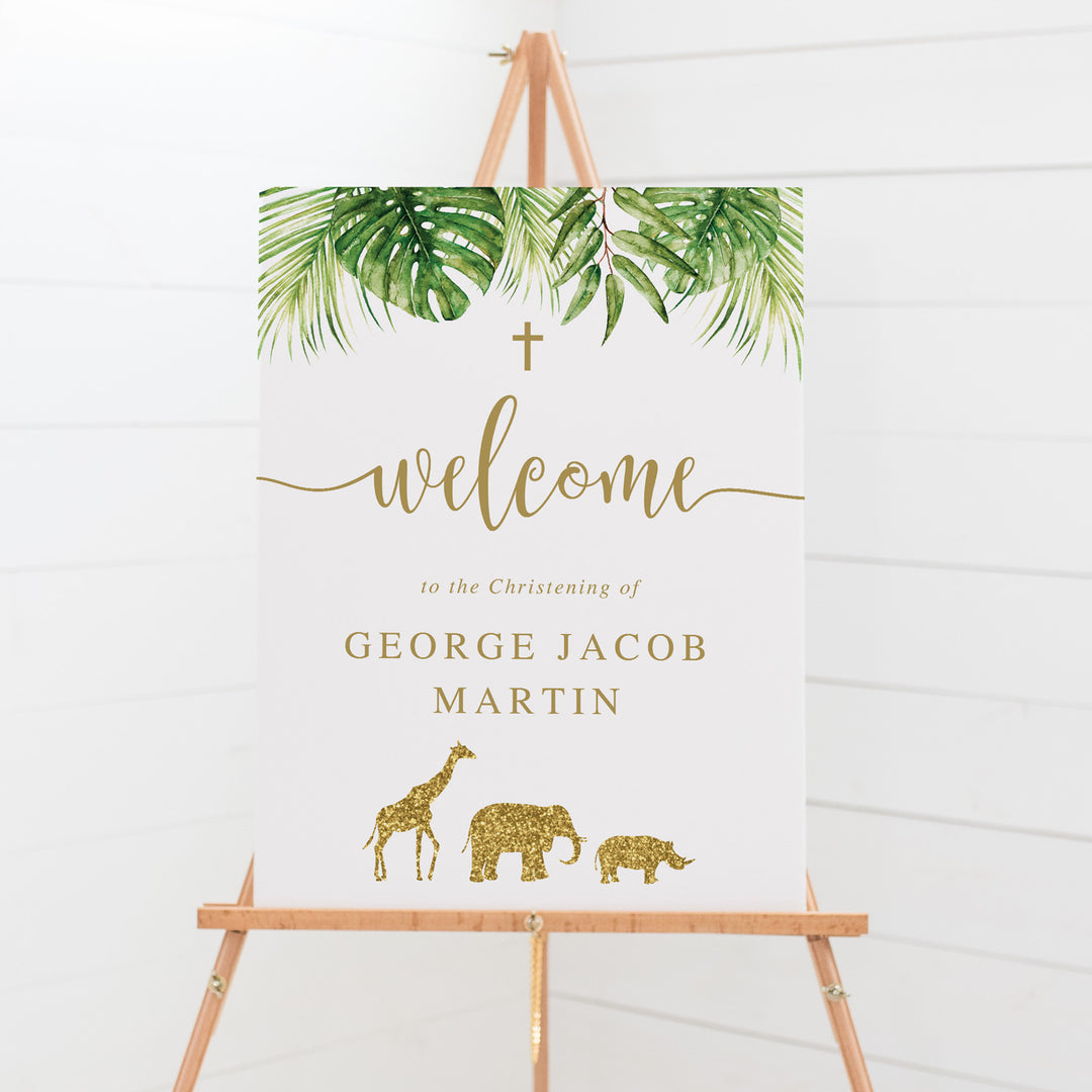 Baptism welcome sign with gold glitter safari animals and tropical jungle leaves