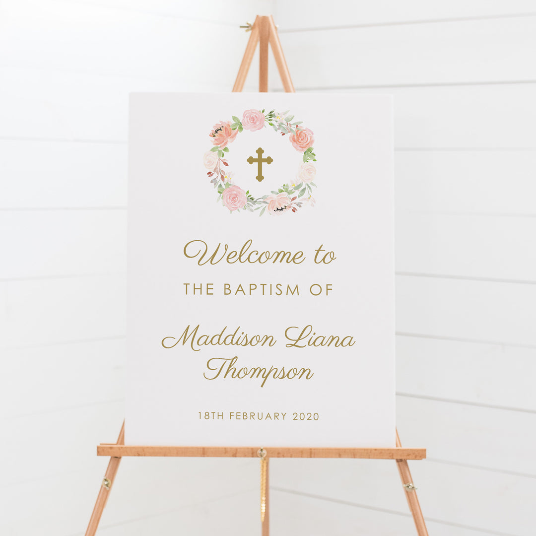 Baptism welcome sign with blush pink floral wreath and gold writing