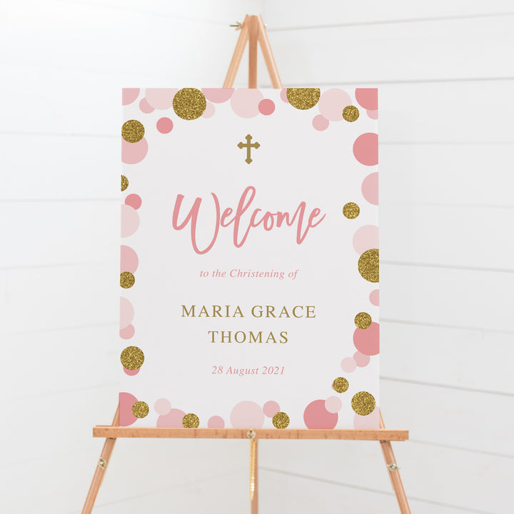 Christening or Baptism welcome sign with gold glitter and pink spots