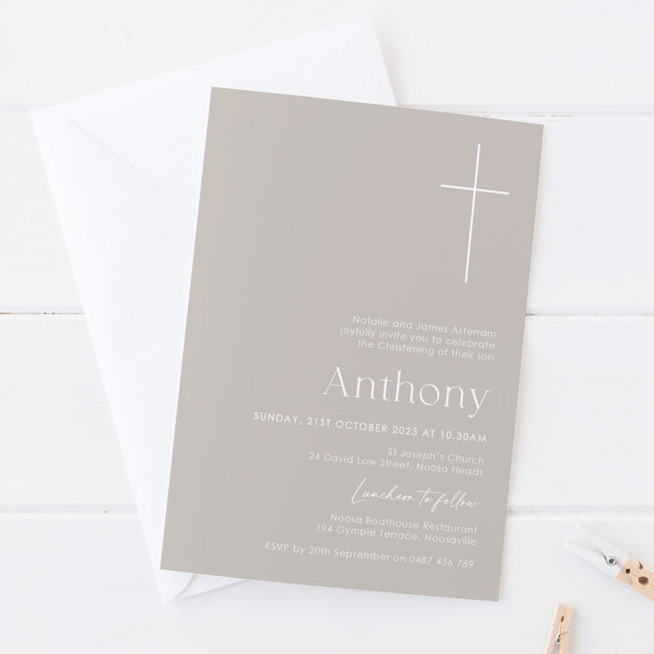 Modern minimal Baptism or Christening invitation on blue card with white ink printing. Large minimal cross. Peach Perfect Australia.