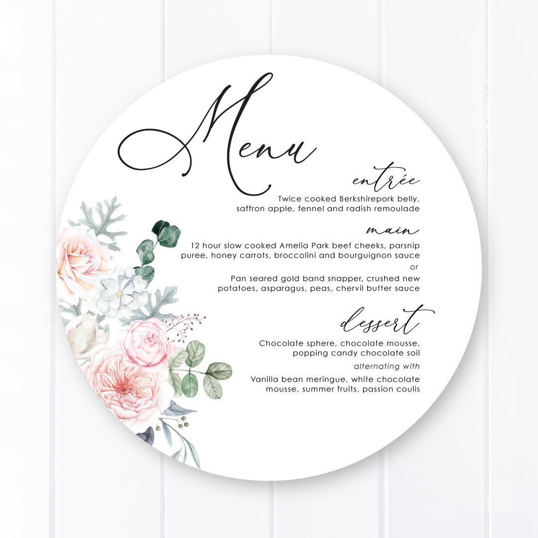 Round or Circular wedding menu with pink florals and watercolour greenery and calligraphy font, printed in Australia