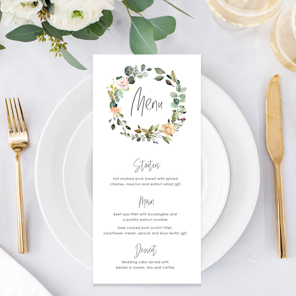 Bohemian style wedding menu with floral wreath in natural colours, printed single or double sided