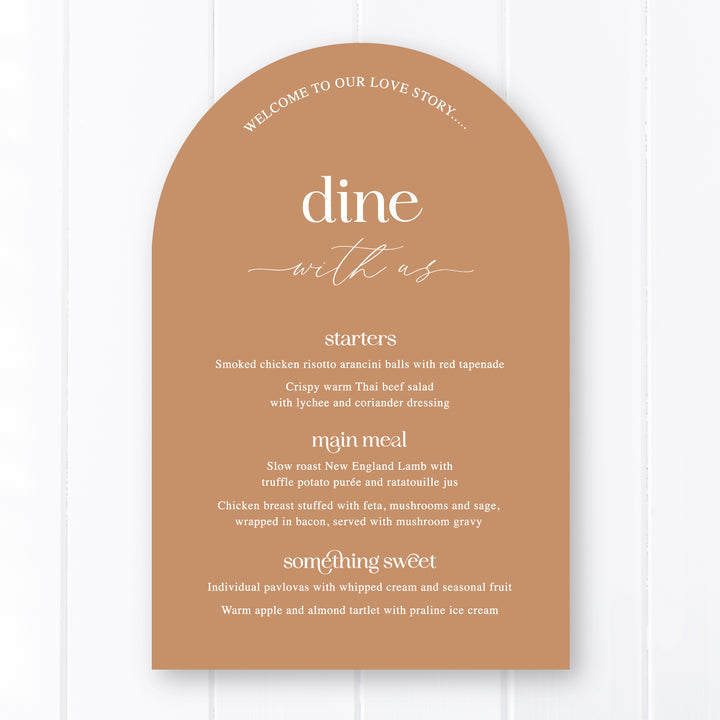 Modern arch wedding menu on cinnamon cardstock with white ink text and guest name printing. Dine with us.