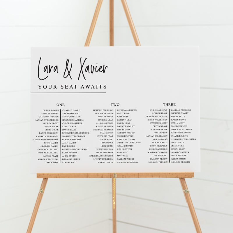 Modern wedding seating chart or guest seating plan. Modern script upright font with your seat awaits as heading. All colours can be adjusted.