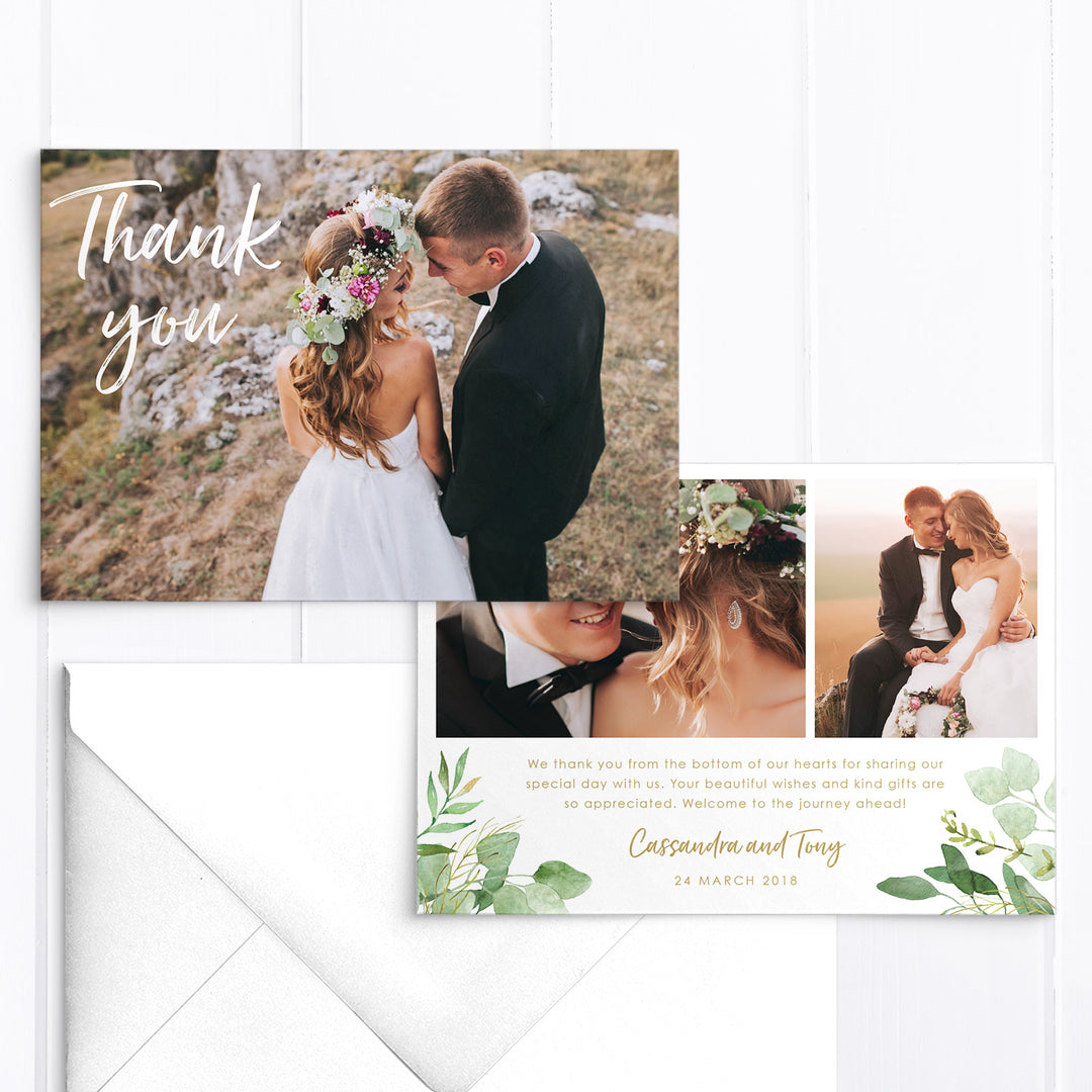 Rustic Wedding thank you card with three photos and green leafy foliage, gold text
