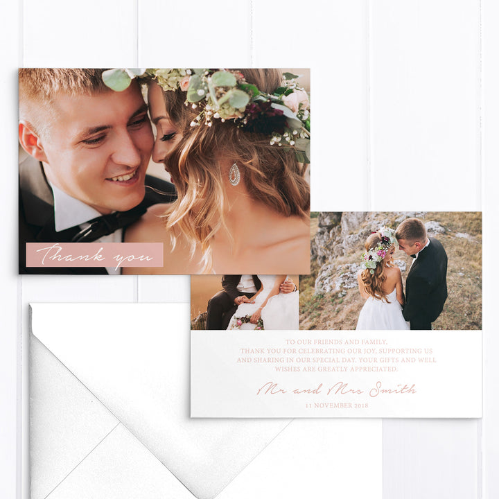 Modern wedding thank you photo card with three photos and handwritten script font