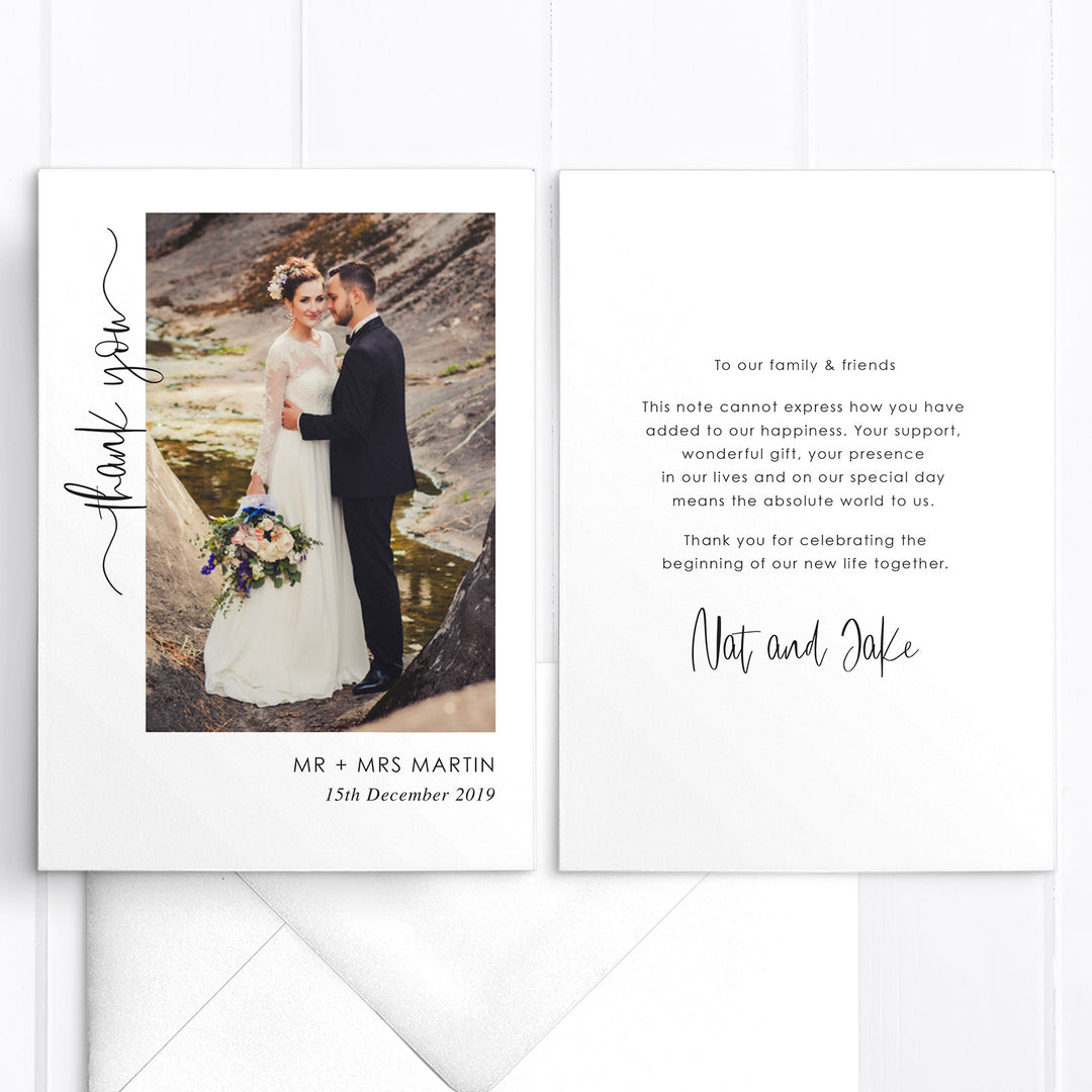 Photo wedding thank you card with personal printed message and modern handwritten font
