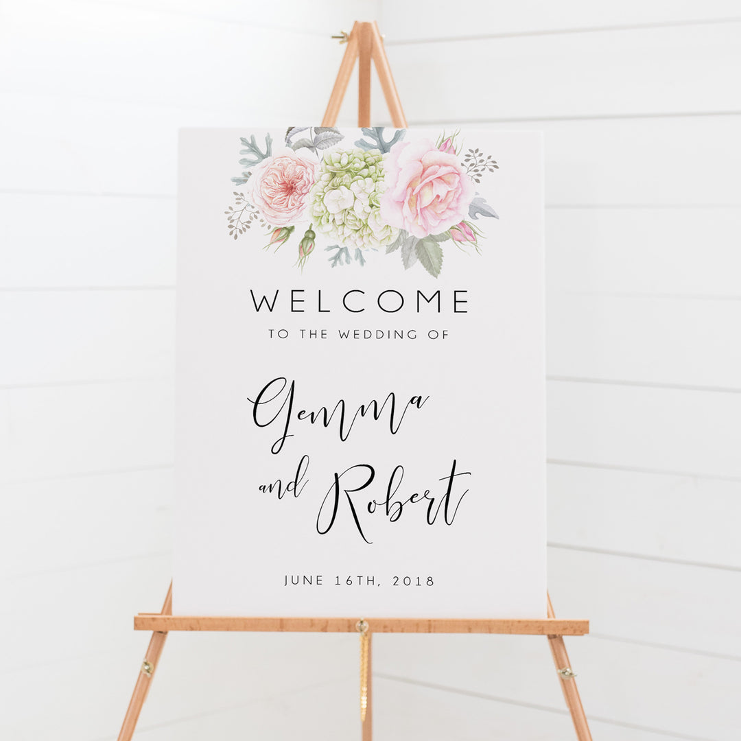 Wedding welcome sign board with pink and green florals and script font